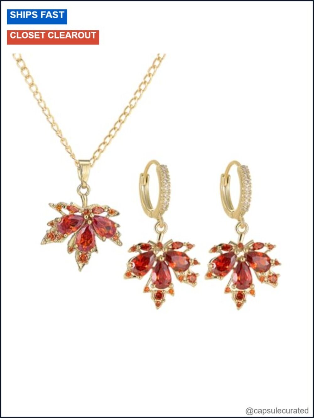 Rhinestone Maple Leaf Jewelry Set - Stud Earrings & Necklace for Autumn